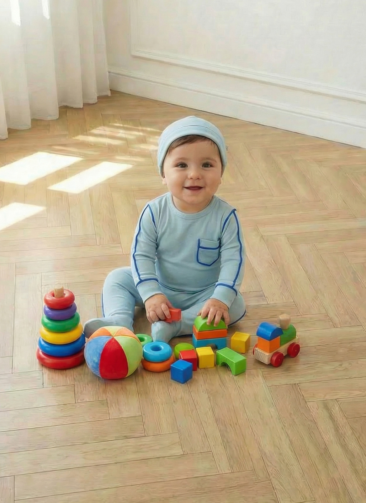 Dottie Lou Blue Piping Footie Set - baby boy classic blue one-piece footie pajama