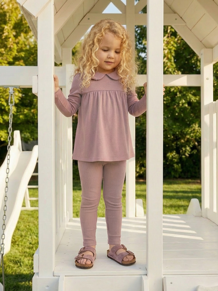 DottieLou Mauve Classic Collar Loungewear Set - girl wearing mauve two-piece top and leggings set with classic collar detail, sizes 18M-16Y