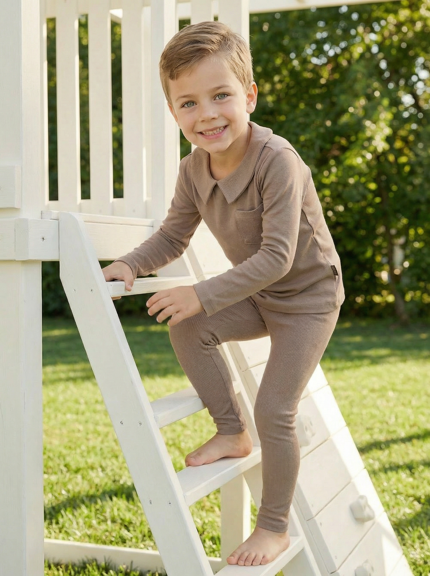 Dottie Lou Taupe Classic Collar Loungewear Set - boys taupe two-piece pajama Classic Collar collection