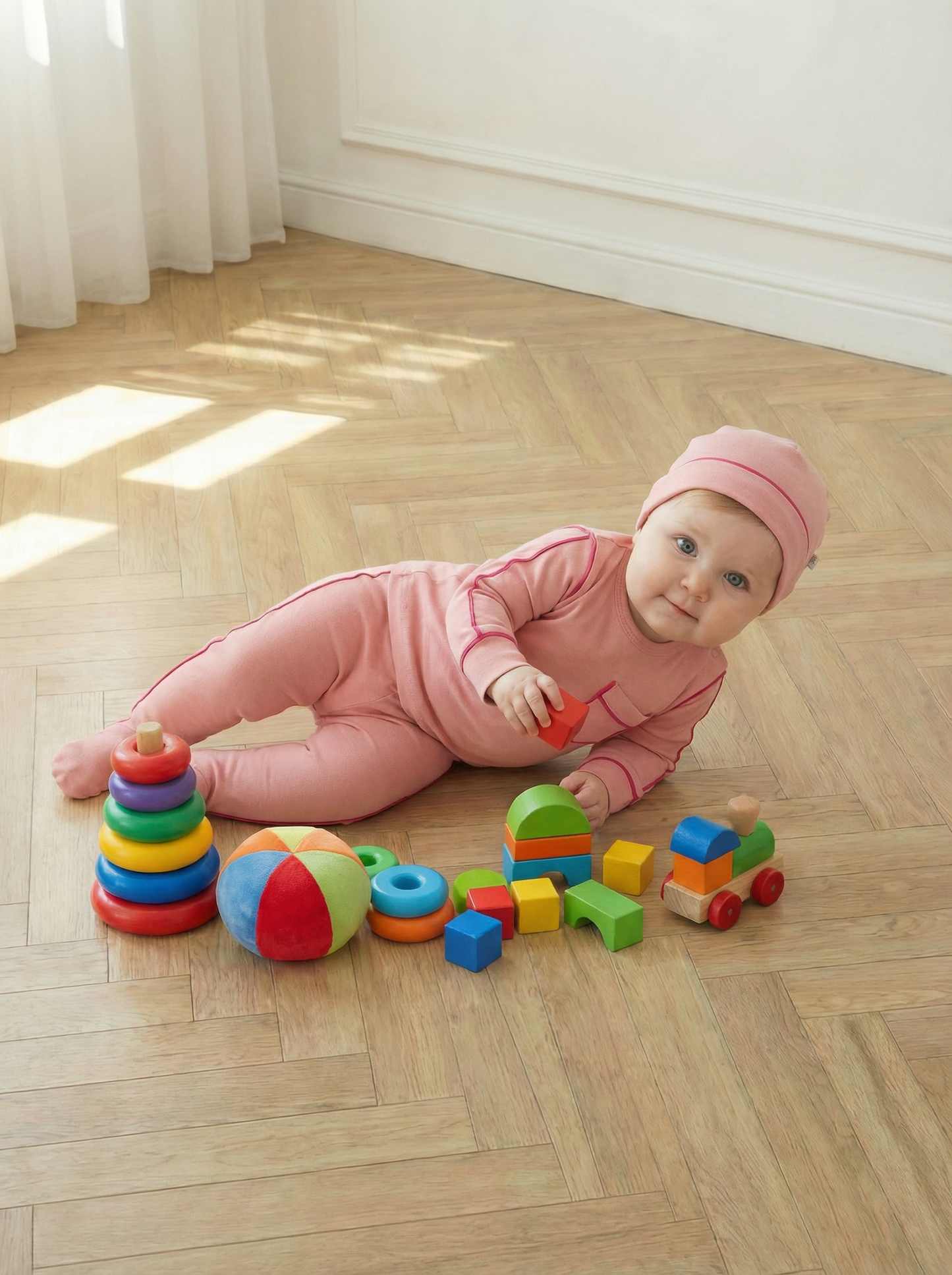 Dottie Lou Blush Piping Footie Set - baby girl soft cotton one-piece with blush piping trim