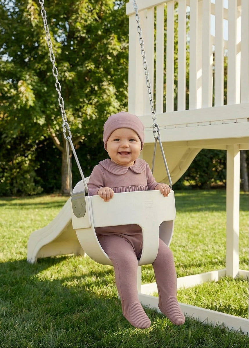 DottieLou Mauve Classic Collar Footie Set - baby girl wearing mauve one-piece footie with classic collar detail, sizes newborn to 12M