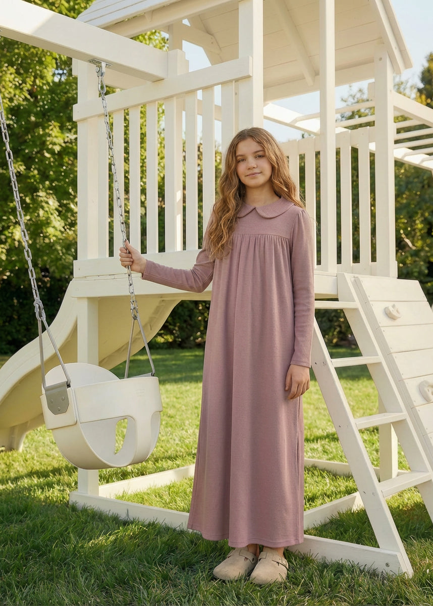 DottieLou Mauve Classic Collar Nightgown - girl wearing mauve long nightgown with classic collar detail, soft breathable fabric, sizes 8Y-16Y