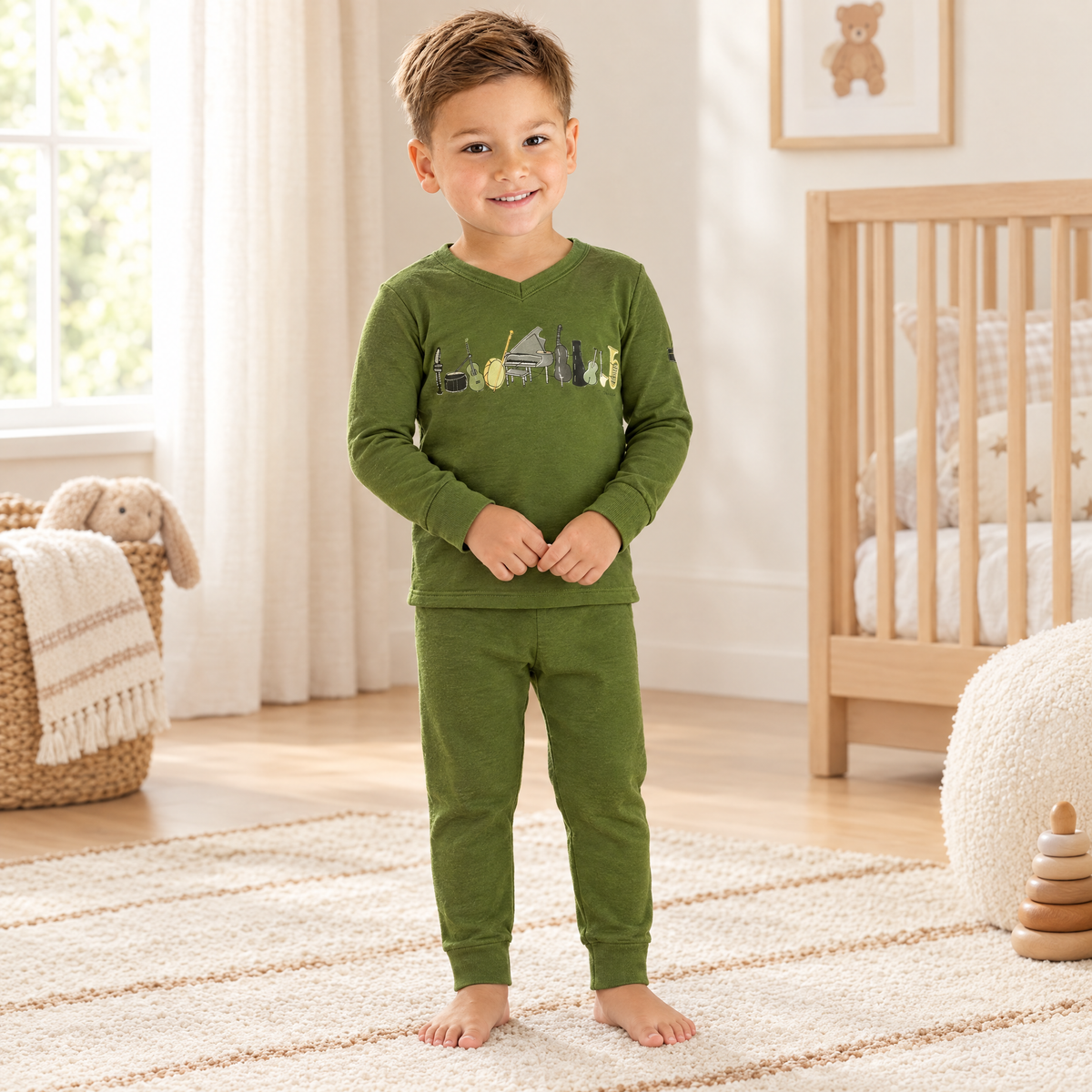 Toddler boy wearing Dottie Lou Melody moss green music-print 2-piece pajama set