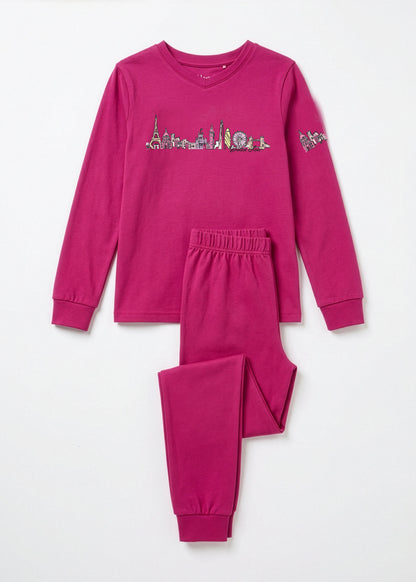 Girls Fuchsia Cotton Pajama Set – Global Dreamer Two‑Piece loungewear