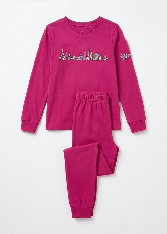 Girls Fuchsia Cotton Pajama Set – Global Dreamer Two‑Piece loungewear