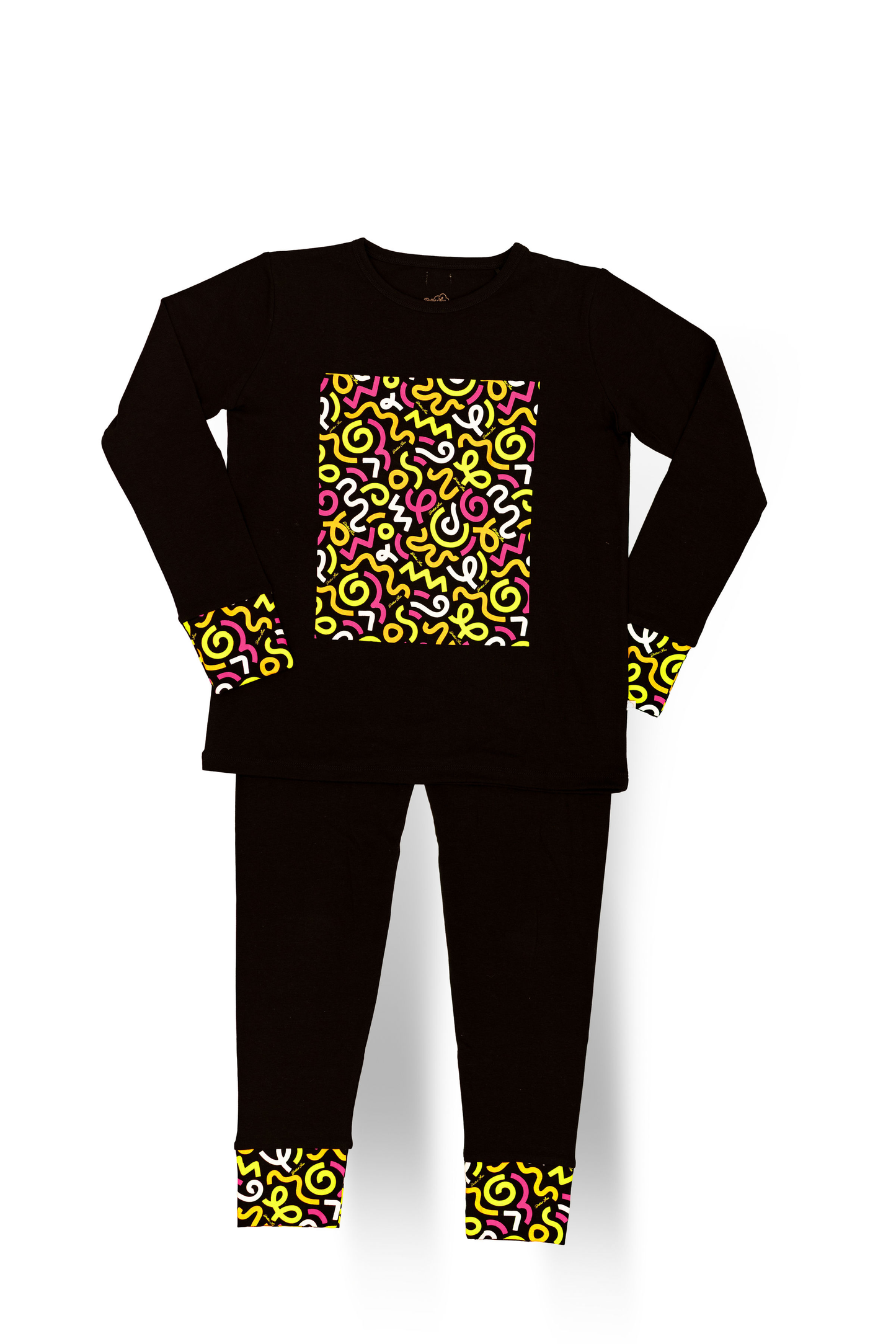 Dottie Lou Brush Pop pajama top and matching hat in black with colourful squiggle doodle print - flatlay detail photo