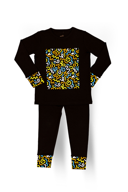 Dottie Lou Brush Pop boys 2-piece pajama set in black with blue and yellow squiggle doodle print - flatlay product photo