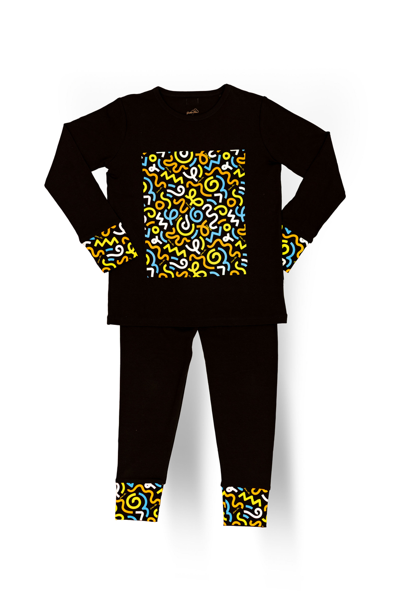 Dottie Lou Brush Pop boys 2-piece pajama set in black with blue and yellow squiggle doodle print - flatlay product photo