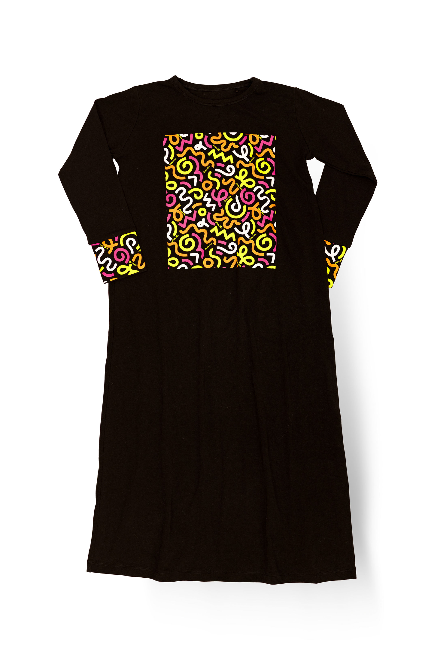 Dottie Lou Brush Pop girls nightgown in black with colourful squiggle doodle print - flatlay product photo