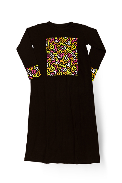 Dottie Lou Brush Pop girls nightgown in black with colourful squiggle doodle print - flatlay product photo