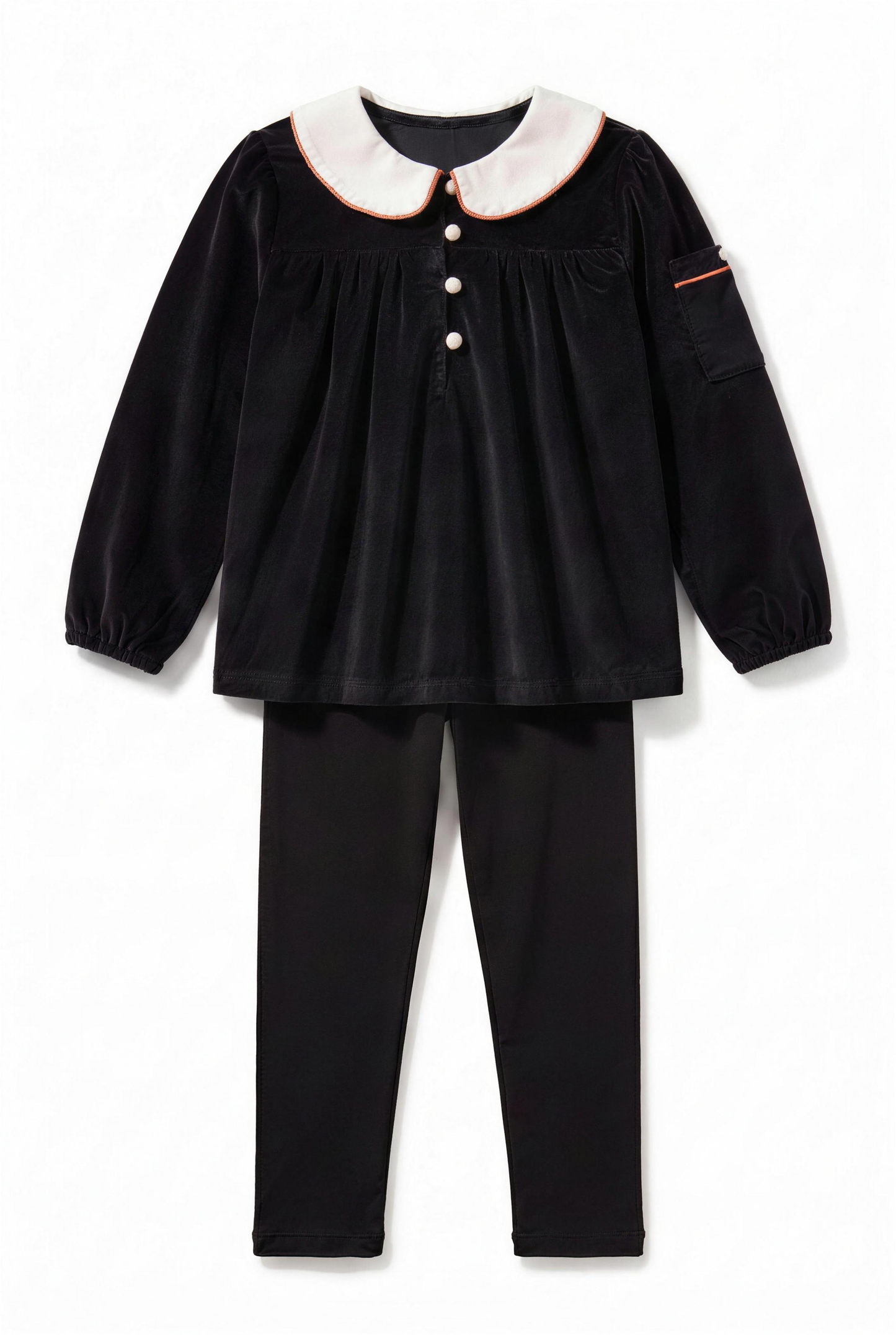 Dottie Lou Classic Noir girls 2-piece black velour lounge set with orange trim — flatlay