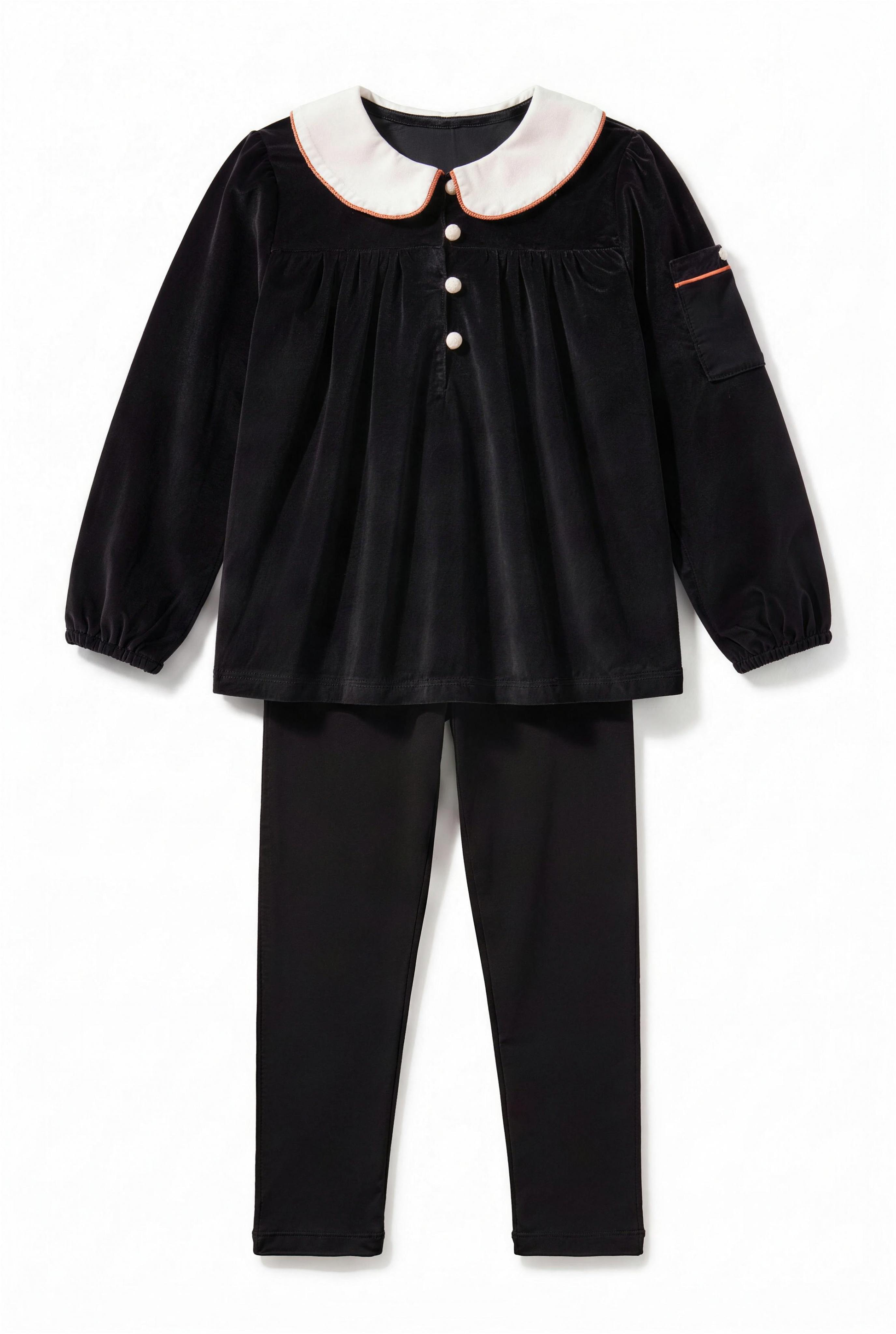 Dottie Lou Classic Noir girls 2-piece black velour lounge set with orange trim — flatlay