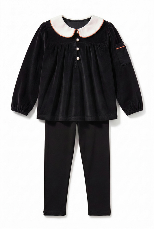Dottie Lou Classic Noir girls 2-piece black velour lounge set with orange trim — flatlay