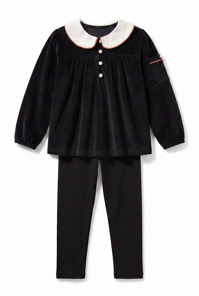 Dottie Lou Classic Noir girls 2-piece black velour lounge set with orange trim — flatlay