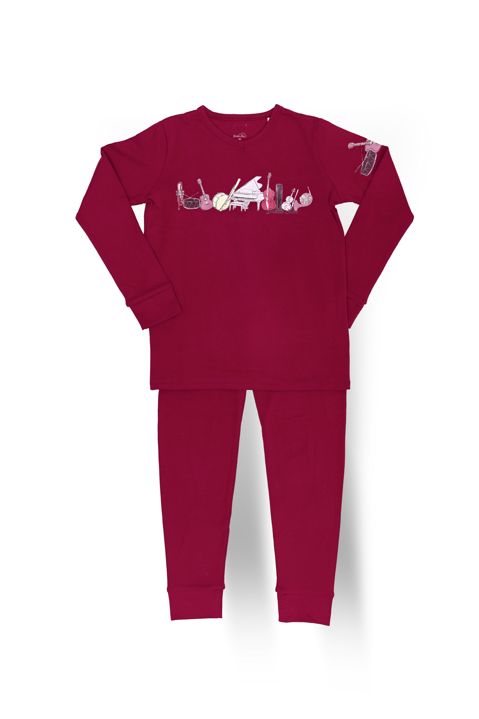 Dottie Lou Melody girls 2-piece pajama set in berry with hand-illustrated music print - flatlay product photo