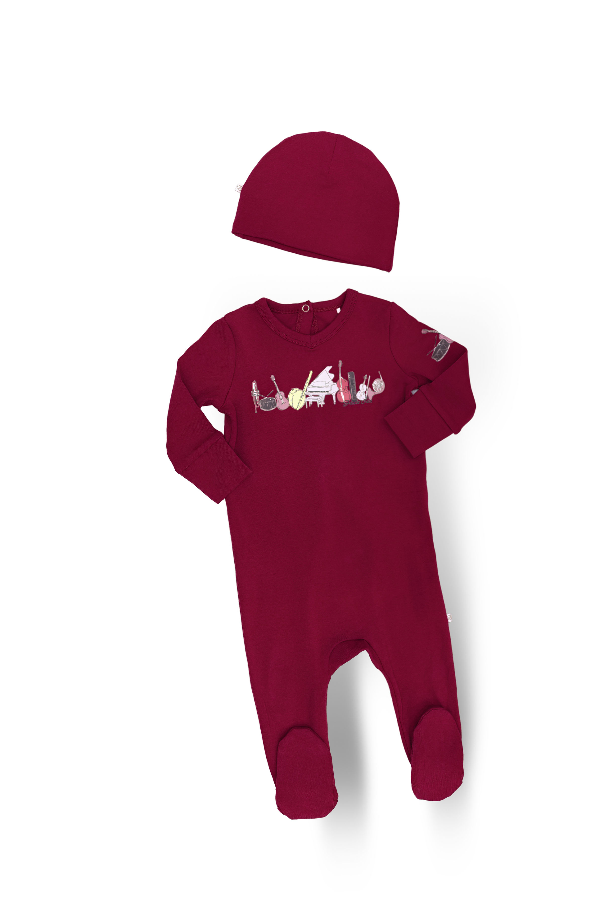 Dottie Lou Melody girls baby footie pajama with matching hat in berry with music print - flatlay product photo