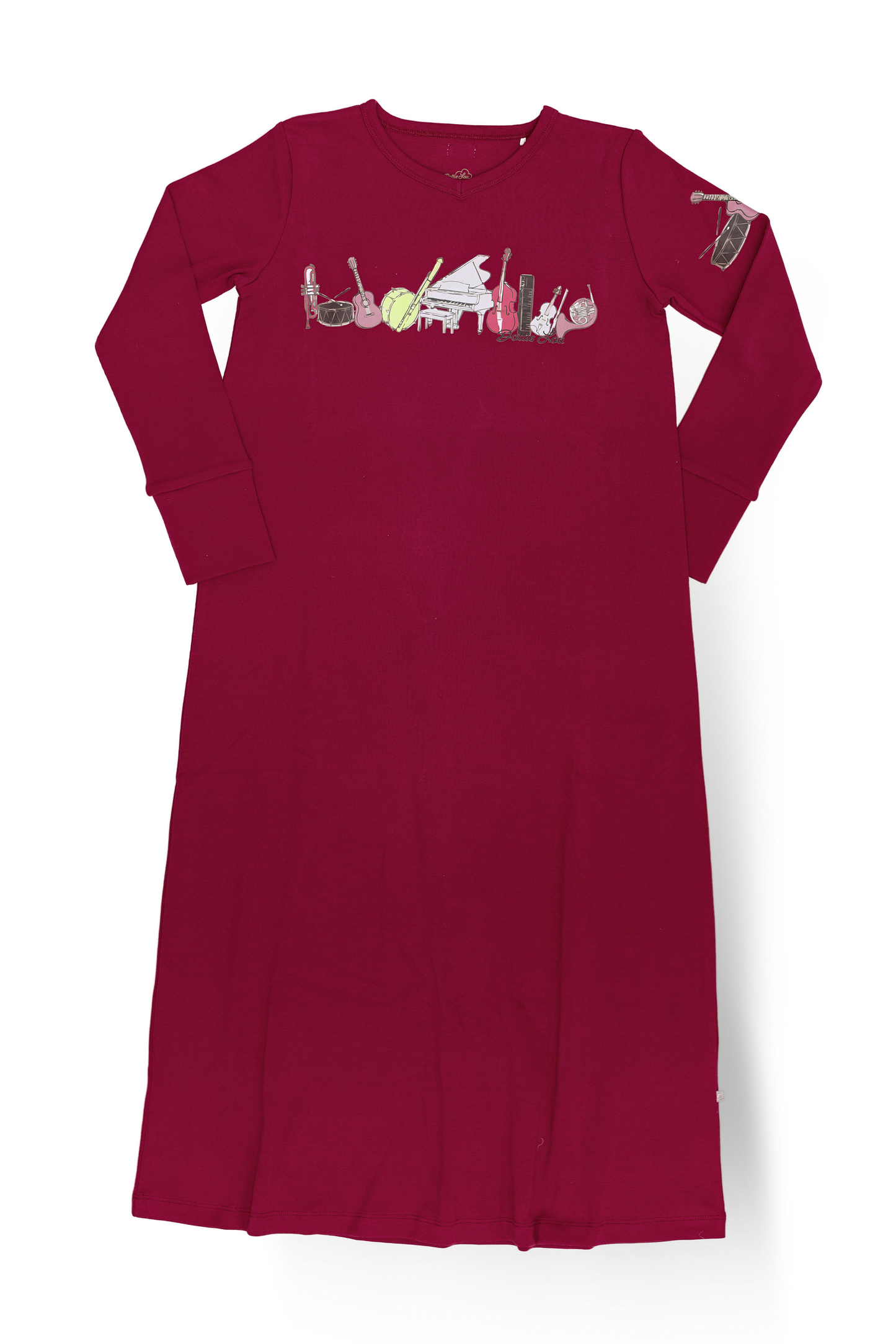 Dottie Lou Melody girls nightgown in berry with hand-illustrated music print - flatlay product photo