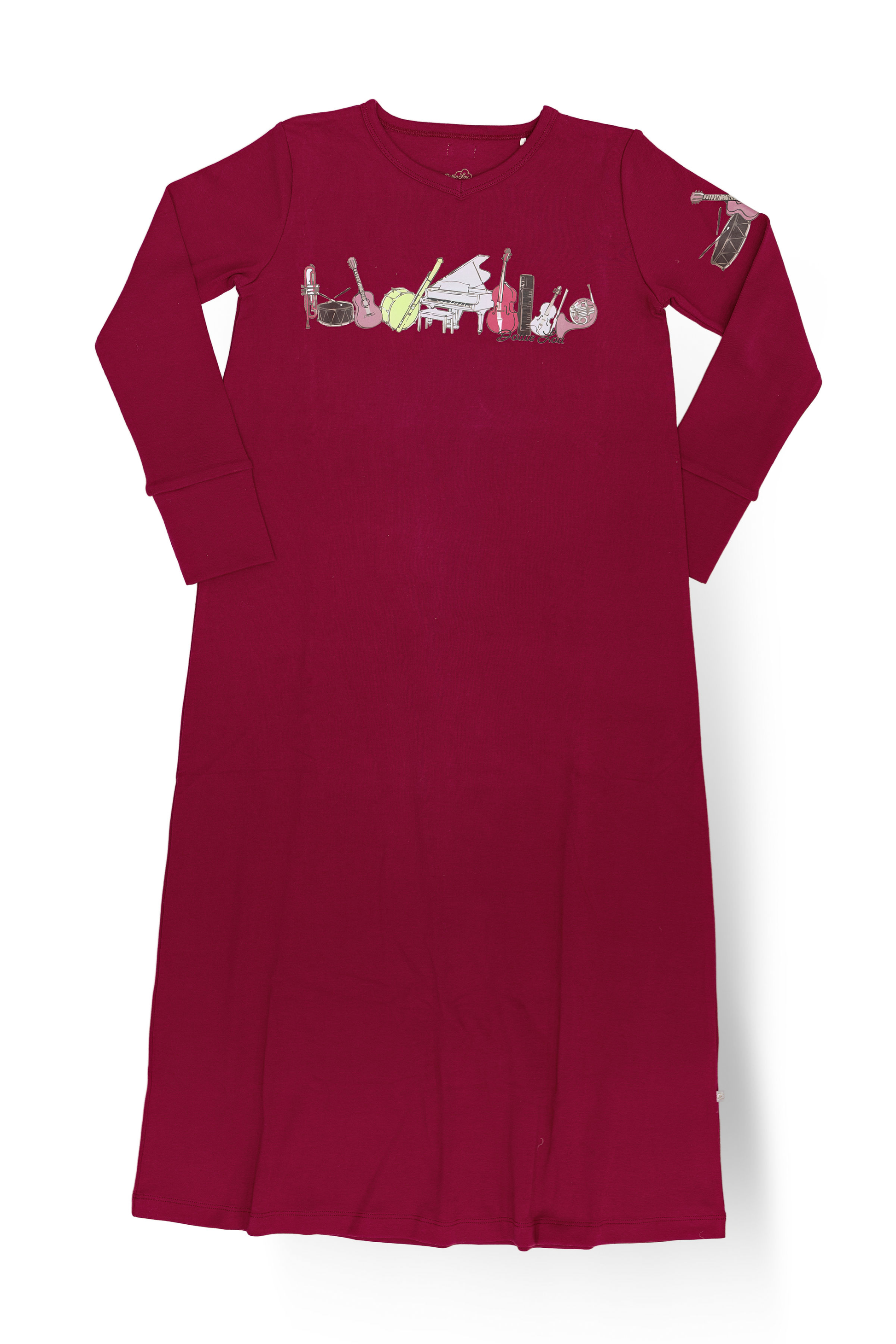 Dottie Lou Melody girls nightgown in berry with hand-illustrated music print - flatlay product photo