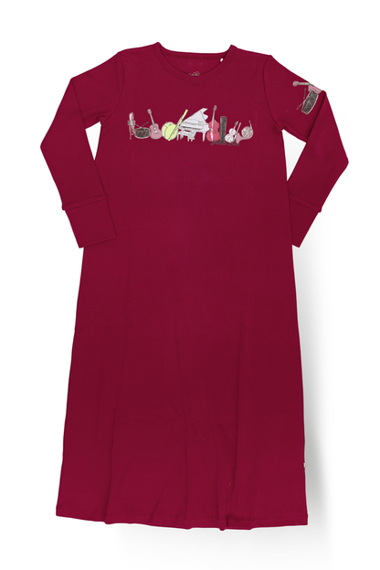 Dottie Lou Melody girls nightgown in berry with hand-illustrated music print - flatlay product photo
