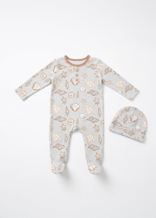 Dottie Lou Baby Boy Ocean Wonders Footie Set product photo - ocean print bamboo cotton footie with matching hat