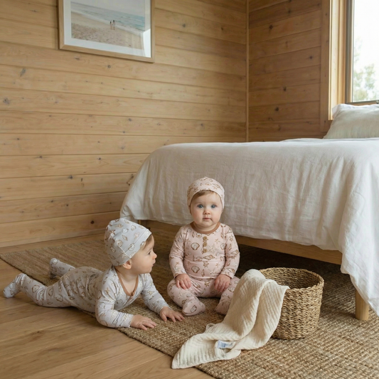 Dottie Lou Baby Girl Ocean Wonders Footie Set - two babies in soft bamboo cotton pajamas from Ocean Wonders collection