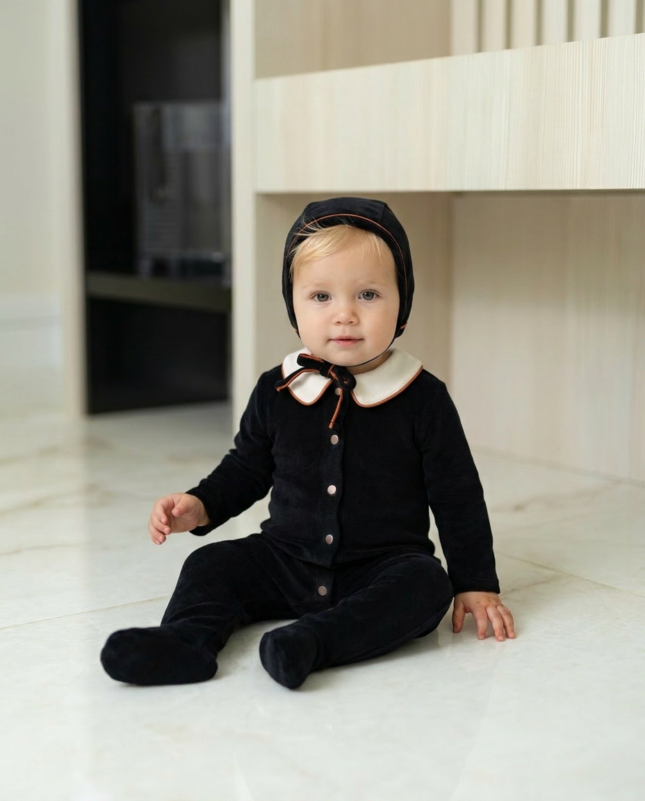 Blonde baby boy wearing Dottie Lou Classic Noir black velour footie pajama with matching hat, ivory Peter Pan collar and orange piping, sitting on a marble floor — baby model photo 1