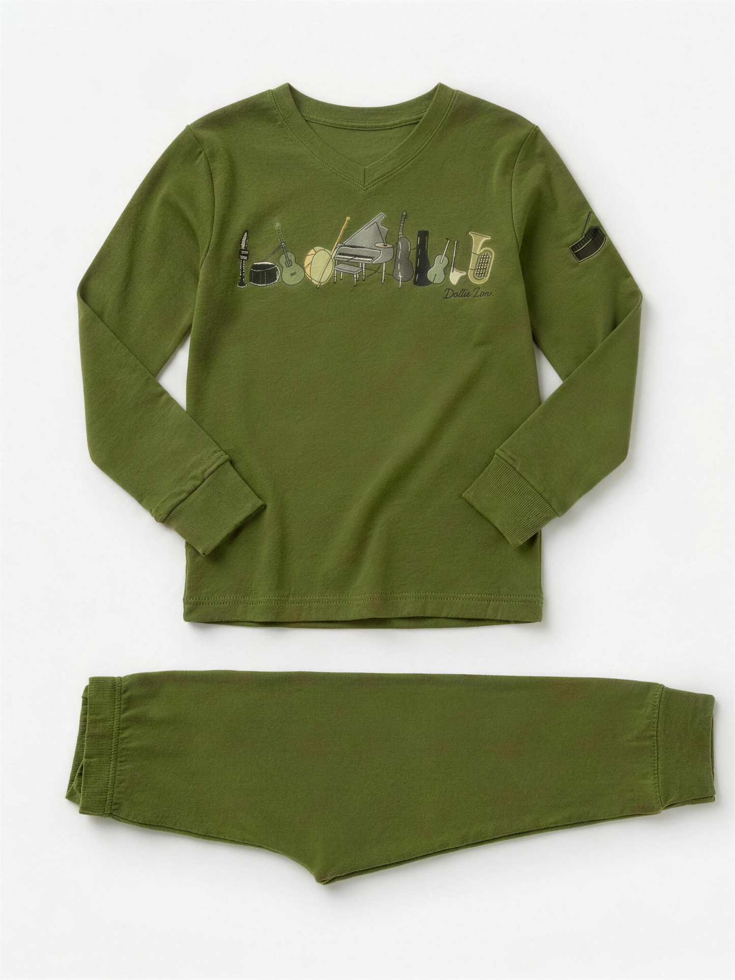 Dottie Lou Melody boys' moss green 2-piece pajama set - long-sleeve top and matching pants with hand-illustrated musical instrument music print (grand piano, guitar, drums, violin, french horn) and Dottie Lou wordmark - flat lay product photo