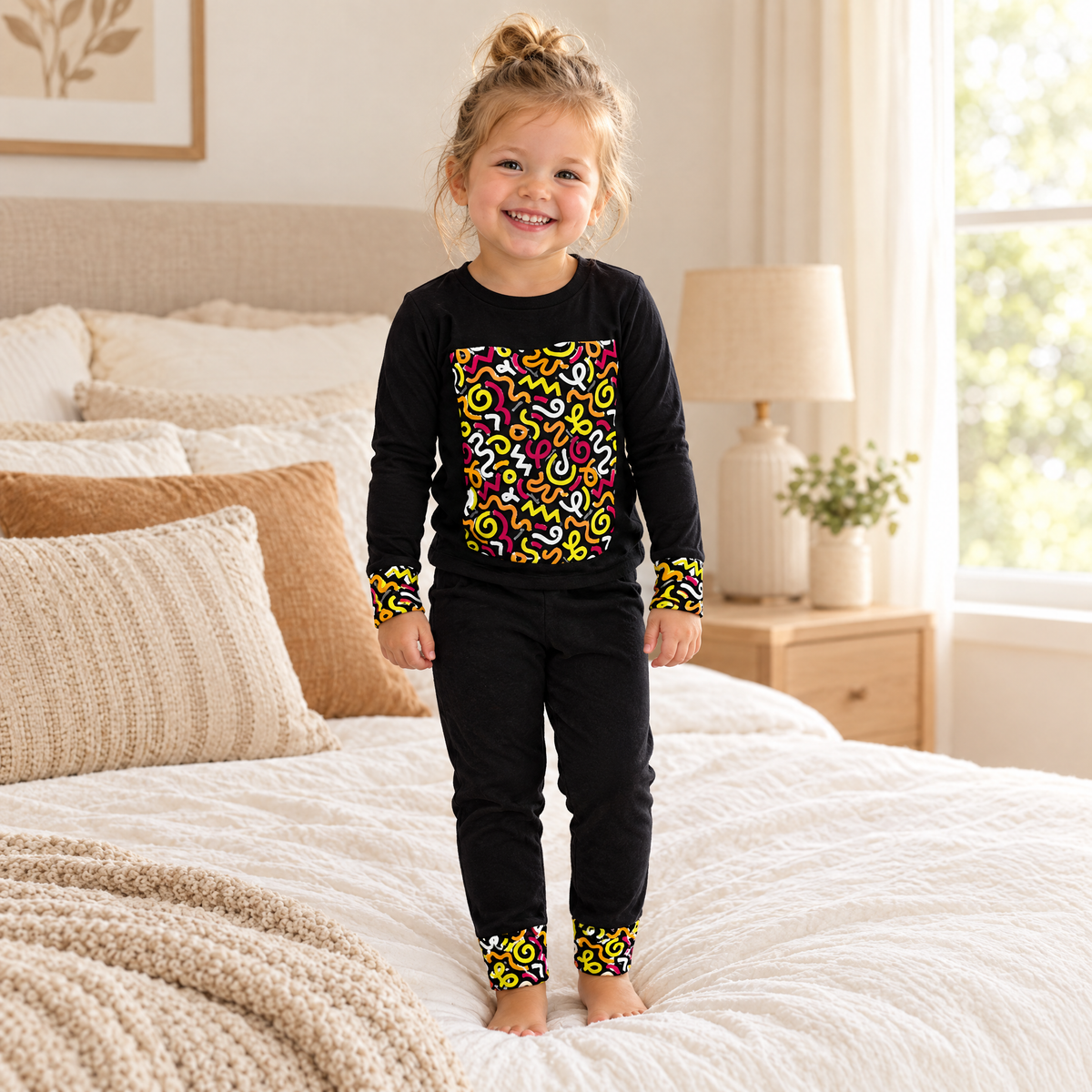 Toddler girl wearing Dottie Lou Brush Pop black doodle-print 2-piece pajama set
