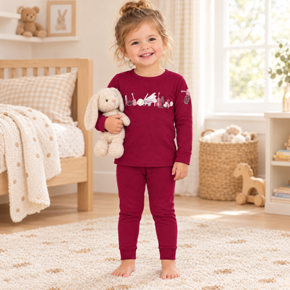 Toddler girl wearing Dottie Lou Melody berry music-print 2-piece pajama set