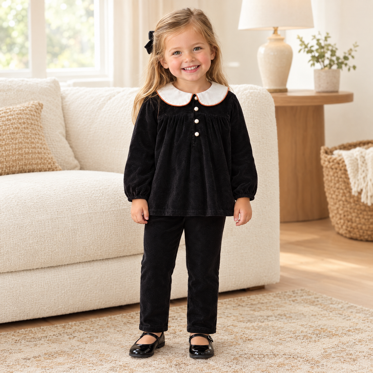 Toddler girl wearing Dottie Lou Classic Noir black velour 2-piece lounge set with ivory collar
