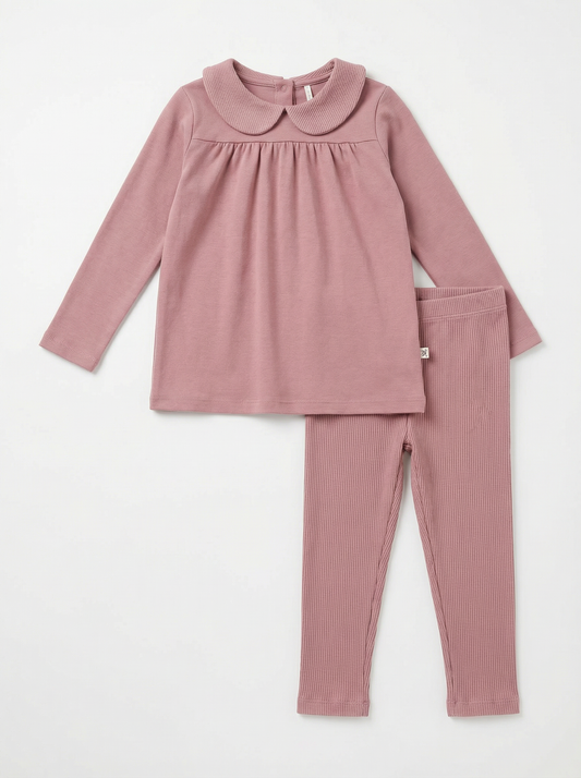 DottieLou Mauve Classic Collar Loungewear Set flat lay product photo - mauve girls two-piece top and leggings with classic collar, soft fabric, sizes 18M-16Y