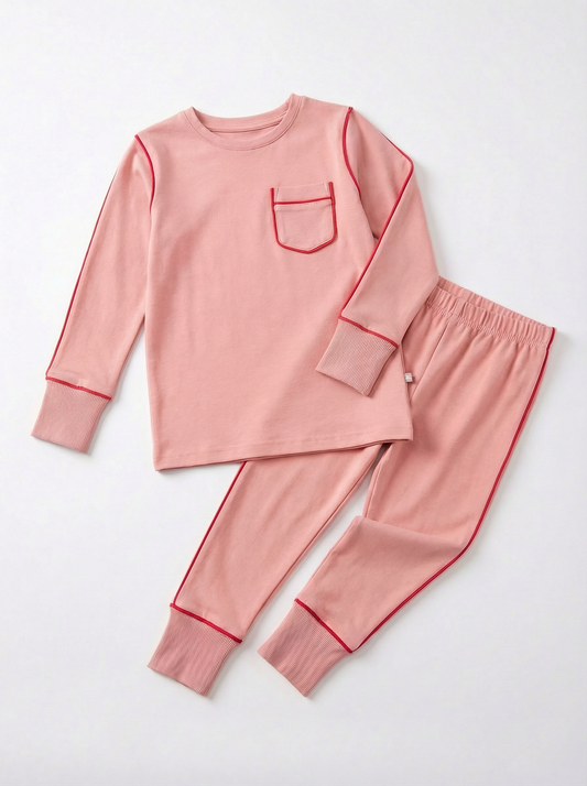 Blush Cotton Pajama Set with Piping – Girls Two‑Piece loungewear